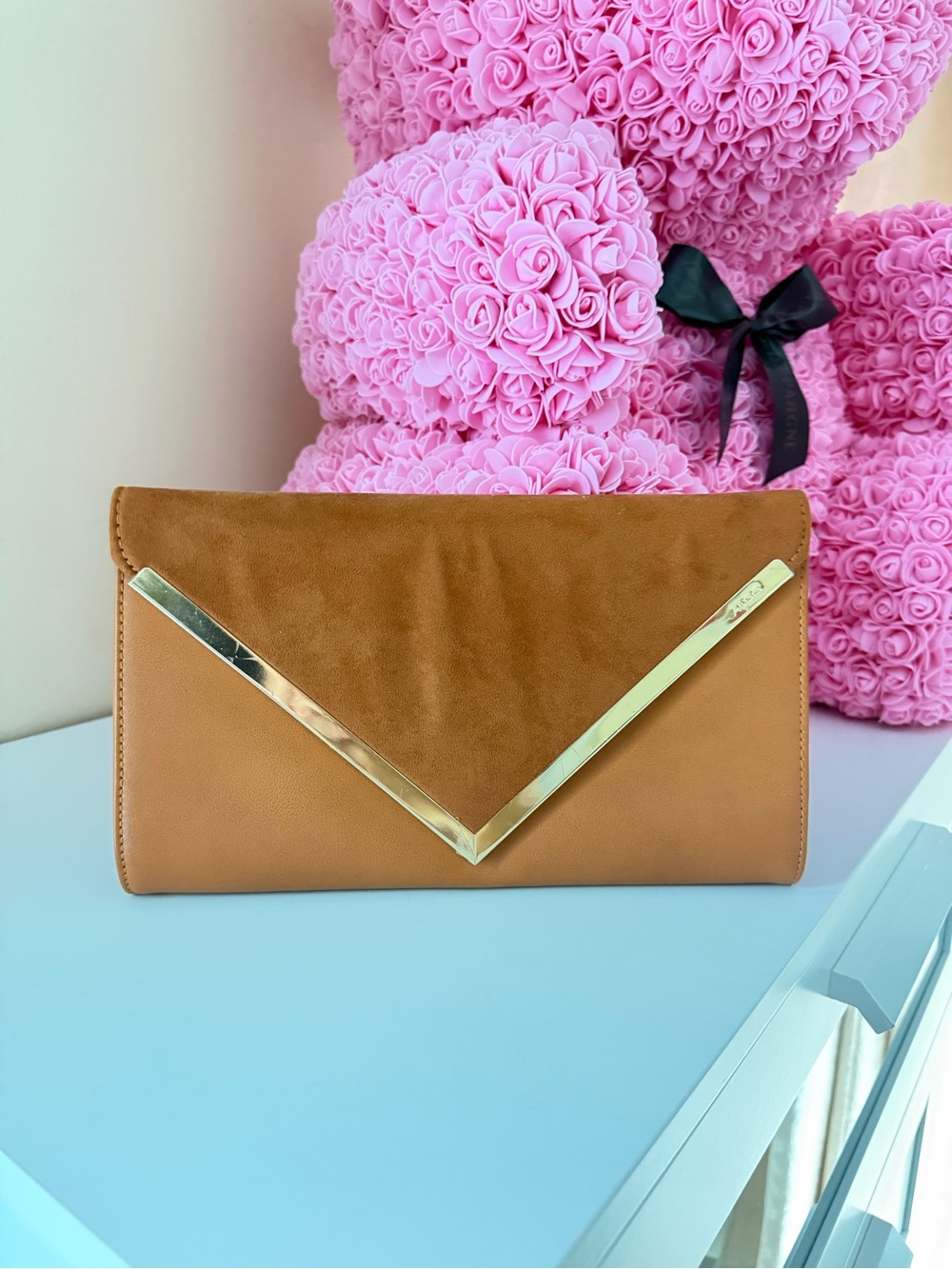 Tan Envelope Clutch with Gold Accent